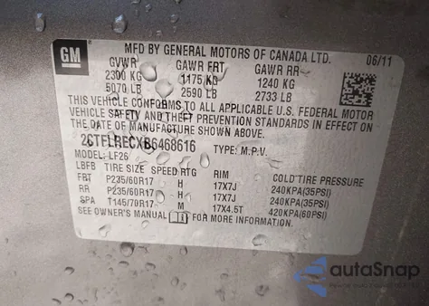 2011 GMC Terrain Sle-1 z USA, uszkodzony, nr VIN 2CTFLRECXB6468616